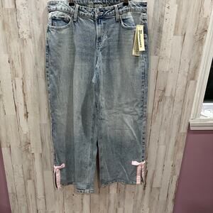 New No Boundaries Wide Leg Pink Bow Coquette High Rise Jeans Womens 10 Girly